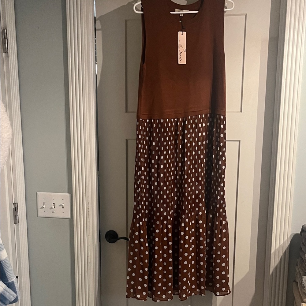 Brown Sleeveless Polka Dot Dress